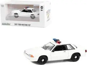 1987-1993 Ford Mustang SSP White Police Car w/Light Bar "Hot Pursuit" "Hobby Exclusive" 1/64 Diecast Model Car by Greenlight