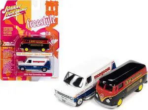 1965 Volkswagen Type 2 Van Black and Red and 1976 Ford Econoline Van White and Blue 1/64 Diecast Model Cars by Johnny Lightning