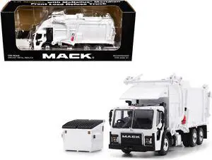 Mack LR Refuse Garbage Truck with McNeilus Meridian Front Loader White with Trash Bin 1/64 Diecast Model by DCP/First Gear