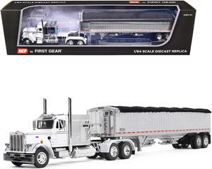 Peterbilt 359 with 60" Vintage Sleeper & 43' Wilson High Side Grain Trailer White & Chrome 1/64 Diecast Model by DCP/First Gear