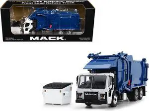 Mack LR Refuse Garbage Truck with McNeilus Meridian Front Loader White & Blue w/Trash Bin 1/64 Diecast Model by DCP/First Gear