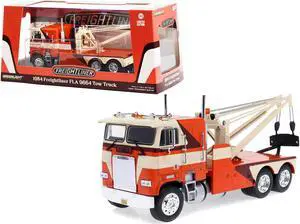 1984 Freightliner FLA 9664 Tow Truck Orange and White with Brown Graphics 1/43 Diecast Model Car by Greenlight