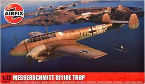 Level 2 Model Kit Messerschmitt Bf110E/E-2 TROP Fighter Aircraft with 2 Scheme Options 1/72 Scale Plastic Model Kit by Airfix