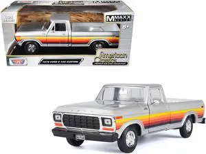 1979 Ford F-150 Custom Pickup Truck Silver Metallic with Stripes "American Classics" Series 1/24 Diecast Model Car by Motormax