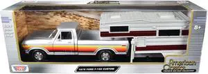 1979 Ford F-150 Custom Truck Silver Met w/Stripes w/Camper Shell "American Classics" Series 1/24 Diecast Model Car by Motormax