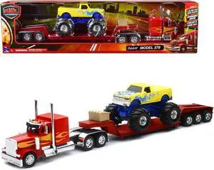Peterbilt 379 Truck with Lowboy Trailer Red w/Orange Flames and Monster Truck Yellow w/Blue Flames 1/32 Diecast Model by New Ray