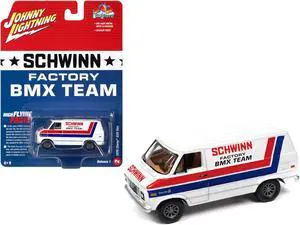 1976 Chevrolet G20 Van White with Stripes "Schwinn Factory BMX Team" "Pop Culture" 1/64 Diecast Model Car by Johnny Lightning