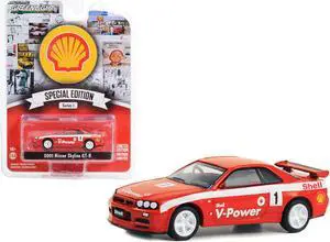 2001 Nissan Skyline GT-R (R34) #1 Red w/White Stripes "Shell Racing" "Shell Oil Special Ed" 1/64 Diecast Model Car by Greenlight