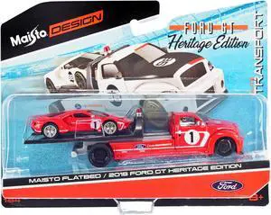 2018 Ford GT #1 Heritage Edition with Flatbed Truck Red with White Stripes "Elite Transport" 1/64 Diecast Model Cars by Maisto