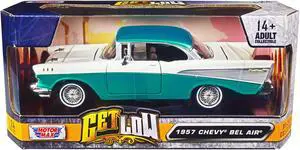 1957 Chevrolet Bel Air Lowrider Turquoise Metallic and White "Get Low" Series 1/24 Diecast Model Car by Motormax