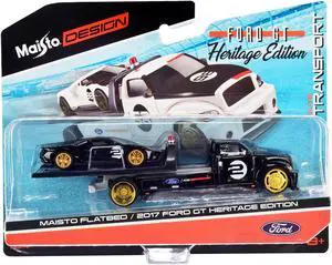 2017 Ford GT #2 Heritage Edition with Flatbed Truck Black "Elite Transport" Series 1/64 Diecast Model Cars by Maisto