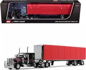 Peterbilt 379 with 63" Flat Top Sleeper and 53' Utility Roll Tarp Trailer Black and Red 1/64 Diecast Model by DCP/First Gear