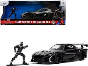 1995 Mazda RX-7 RHD Black & Black Panther Diecast Figure "The Avengers" "Hollywood Rides" Series 1/32 Diecast Model Car by Jada