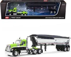 Kenworth W990 Day Cab and MAC Half-Round Tandem-Axle Dump Trailer Lime Green and Black 1/64 Diecast Model by DCP/First Gear