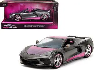 2020 Chevrolet Corvette Stingray Gray Metallic with Pink Carbon Hood and Top "Pink Slips" Series 1/24 Diecast Model Car by Jada