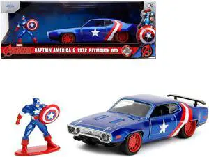 1972 Plymouth GTX Candy Blue w/Red & White Stripes and Captain America Figure "The Avengers" 1/32 Diecast Model Car by Jada