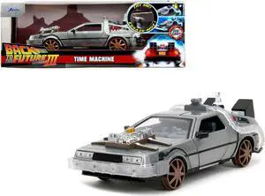 DeLorean Brushed Metal Time Machine (Train Wheel Version) w/Lights "Back to the Future Part III" 1/24 Diecast Model Car by Jada