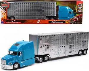 Mack Pinnacle Truck with Pot Belly Livestock Trailer Blue and Chrome "Long Haul Truckers" Series 1/32 Diecast Model by New Ray