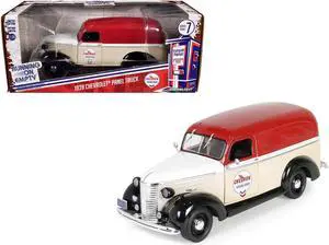 1939 Chevrolet Panel Truck "Chevron Gasolines" Red and Beige with White "Running on Empty" 1/24 Die Cast Model Car by Greenlight