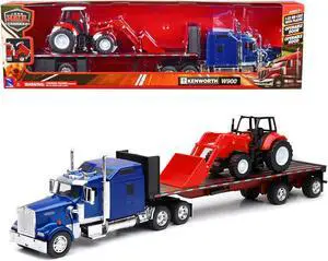 Kenworth W900 Truck with Flatbed Trailer Blue Met. w/Farm Tractor Red "Long Haul Truckers" Series 1/32 Diecast Model by New Ray