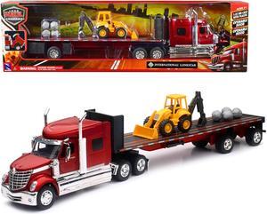 International Lonestar Truck with Flatbed Trailer Red Metallic with Front Loader and Rocks 1/32 Diecast Model by New Ray