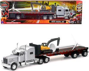 Peterbilt 389 Truck with Flatbed Trailer Silver Metallic with Excavator and Wind Turbine 1/32 Diecast Model by New Ray