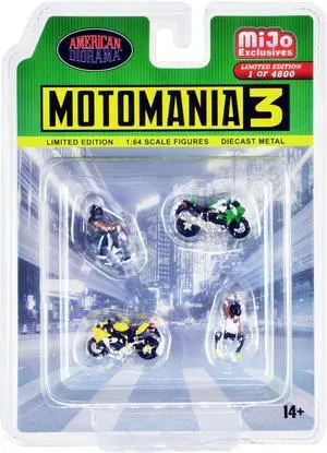 "Motomania 3" 4 piece Diecast Set (2 Figures and 2 Motorcycles) Limited Ed to 4800 pcs for 1/64 Scale Models by American Diorama