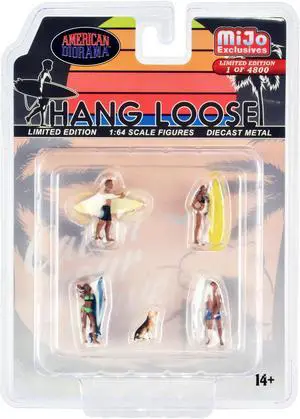 "Hang Loose" 5 piece Diecast Set (4 Surfer Figures and 1 Dog) Limited Ed to 4800 pcs for 1/64 Scale Models by American Diorama