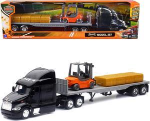 Peterbilt 387 Truck with Flatbed Trailer Black with Forklift and Hay Bales "Long Haul Trucker" 1/43 Diecast Model by New Ray