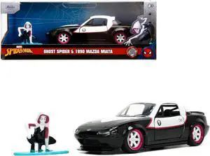 1990 Mazda Miata Black & White w/Graphics & Ghost Spider Figure "Spider-Man" "Marvel" Series 1/32 Diecast Model Car by Jada
