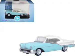 1957 Oldsmobile 88 Convertible (Top-Up) Banff Blue and Alcan White w/White 1/87 (HO) Scale Diecast Model Car by Oxford Diecast
