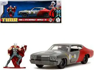1970 Chevrolet Chevelle SS Gray Metallic and Red Metallic with Black Hood and Thor Diecast Figure 1/32 Diecast Model Car by Jada