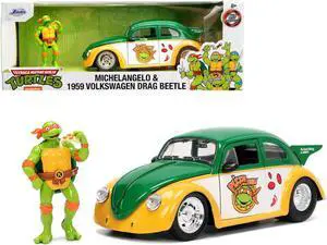 1959 Volkswagen Drag Beetle Green & Yellow and Michelangelo Figure "Teenage Mutant Ninja Turtles" 1/24 Diecast Model Car by Jada
