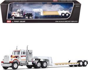 Western Star 4900 with 36" Vintage Flat Top Sleeper and Lowboy Trailer White with Graphics 1/64 Diecast Model by DCP/First Gear