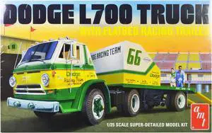 Skill 3 Model Kit 1966 Dodge L700 Truck with Flatbed Racing Trailer 1/25 Scale Model by AMT