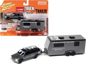 1997 Chevrolet Tahoe "SWAT" Custom Gray Metallic and Black w/Camper Trailer 1/64 Diecast Model Car by Johnny Lightning