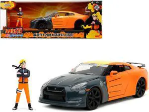 2009 Nissan GT-R (R35) Orange & Dark Gray w/Yellow & Graphics & Figure Naruto Shippuden 2009-2017 1/24 Diecast Model Car by Jada