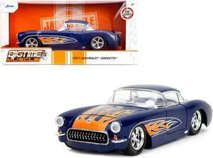 1957 Chevrolet Corvette Dark Blue with Flame Graphics and White Interior "Bigtime Muscle" Series 1/24 Diecast Model Car by Jada