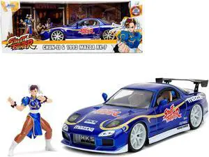 1993 Mazda RX-7 Candy Blue Met. w/Graphics and Chun-Li Diecast Figure "Street Fighter" Video Game 1/24 Diecast Model Car by Jada