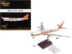 Boeing 747-400F Commercial Aircraft "Kalitta Air" White with Stripes 1/200 Diecast Model Airplane by GeminiJets