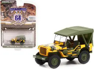 1943 Willys MB Jeep Yellow & Black w/Green Top "Follow Me" U.S. Army "Battalion 64" 1/64 Diecast Model Car by Greenlight
