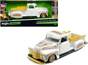 1950 Chevrolet 3100 Pickup Truck Lowrider White with Graphics & Gold Wheels "Lowriders" Series 1/25 Diecast Model Car by Maisto