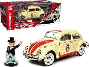 1963 Volkswagen Beetle Yukon Yellow with "Monopoly" Graphics "Free Parking" and Figure 1/18 Diecast Model Car by Auto World