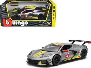 2020 Chevrolet Corvette C8.R #4 Silver Metallic with Yellow Stripes "Race" Series 1/24 Diecast Model Car by Bburago