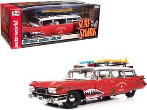 1959 Cadillac Eldorado Ambulance Red w/White Top Malibu Beach Rescue Weathered w/Surfboards 1/18 Diecast Model Car by Auto World