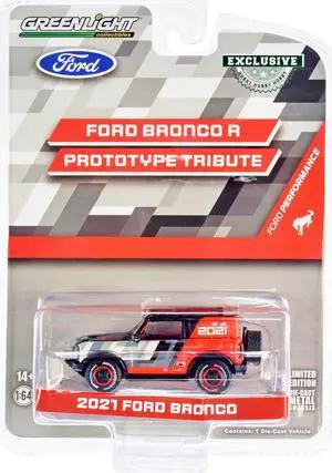 2021 Ford Bronco "R Prototype Tribute" Ed Black and Orange w/Graphics and Roof Rack 1/64 Diecast Model Car by Greenlight
