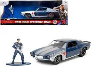 1973 Chevrolet Camaro Dark Blue Metallic with Gray Stripes and Winter Soldier Diecast Figure 1/32 Diecast Model Car by Jada