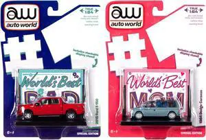 2018 Ford F-150 Pickup Truck Red and 1984 Dodge Caravan Minivan Blue Metallic 1/64 Diecast Model Cars by Auto World