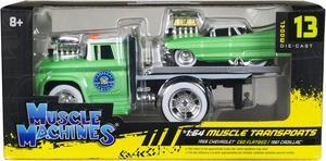 1966 Chevrolet C60 Flatbed Truck Green Met w/White &1961 Cadillac Coupe Green Met w/White 1/64 Diecast Models by Muscle Machines