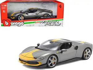 Ferrari 296 GTB Assetto Fiorano Gray Metallic with Yellow Stripes "Race + Play" Series 1/18 Diecast Model Car by Bburago